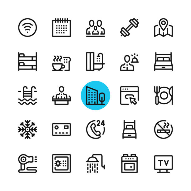Hotel facilities, hotel services line icons set. Modern graphic design concepts, simple outline elements collection. 32x32 px. Pixel perfect. Vector line icons Hotel facilities, hotel services line icons set. Modern graphic design concepts, simple outline elements collection. 32x32 px. Pixel perfect. Vector line icons grooming product stock illustrations