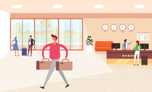 ilustrações de stock, clip art, desenhos animados e ícones de hotel hall and guests characters. hotel booking registration concept. vector flat graphic design illustration - airport lounge business