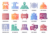 Paper cut design vector icon set created by the influence of hotel and hospitality services. High-quality graphic design illustrations for print designs, website symbols, apps, social media icons, and infographics.