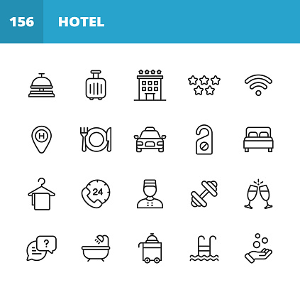 20 Hotel Outline Icons. Hostel, Vacation Rental Company, Ringing Bell, Suitcase, Hotel Reception, Hotel Service, Luxury, Five Stars, Wifi, Internet, Location, Navigation, Direction, Restaurant, Dining, Eating, Taxi, Bed, Bed and Breakfast, Towel, Customer Support, Gym, Exercising, Champagne, Text Messaging, Bath, Beach, Swimming Pool, Tip, Tipping.