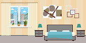 Cartoon Hotel room or Bedroom Interior flat design.Home furniture.Flat vector illustration