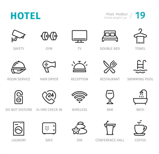 Hotel Service - Pixel Perfect line icons with captions Hotel Service - 20 Outline Style - Single line icons with captions / Set #19 / Designed in 48x48pх square, outline stroke 2px.

First row of outline icons contains:
Safety, Gym, TV, Double Bed, Towel;

Second row contains:
Room Service, Hair Dryer, Reception, Restaurant, Swimming Pool;

Third row contains:
Do Not Disturb, 24 Hrs Check in, Wireless, Bar, Bath;

Fourth row contains:
Laundry, Safe, Spa, Conference Hall, Coffee.

Complete Signico collection - https://www.istockphoto.com/collaboration/boards/VT_7sDWo80OLh7foVxchBQ bedroom icons stock illustrations