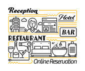 Hotel Services object and elements. Line icons illustration collection. Icon set or banner template.