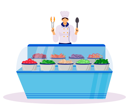 Hotel smorgasbord flat color vector illustration. Served buffet style table. Food court with fresh vegetables. Catering service. Restaurant worker. Chef isolated cartoon character on white background