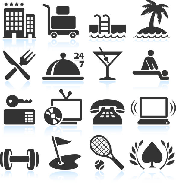 ilustrações, clipart, desenhos animados e ícones de acomodações de hotel em preto & branco, vector conjunto de ícones - beach tennis