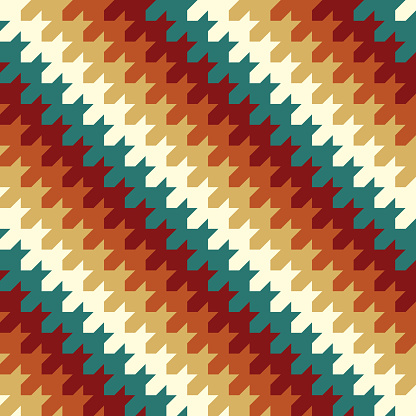 Hounds tooth ornament. Traditional abstract geometric seamless pattern. Dark green, brick red, orange, yellow, beige colors. Colorful textile design