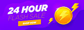 24 hour sale violet banner special discount with big gold coin, shop now button and abstract flash elements on purple background