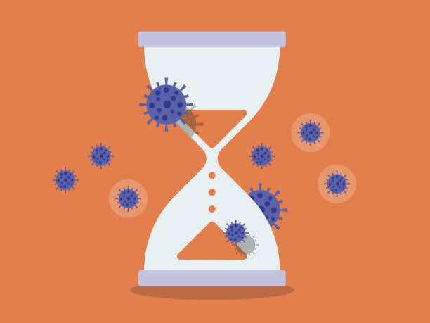 illustrazioni stock, clip art, cartoni animati e icone di tendenza di clessidra circondata da cellule coronavirus che esaurivano il tempo - clessidra