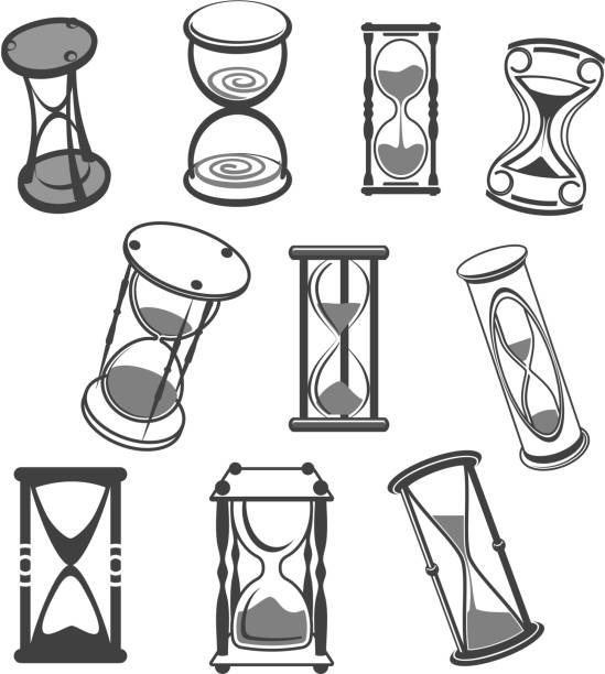 Hourglass vector isolated icons set Hourglass or sandglass vector icons. Set of isolated sand watch and sand clock in three-legged stand, antique and vintage old sand timer symbols or time measure tool for internet and web design tree frog drawing stock illustrations