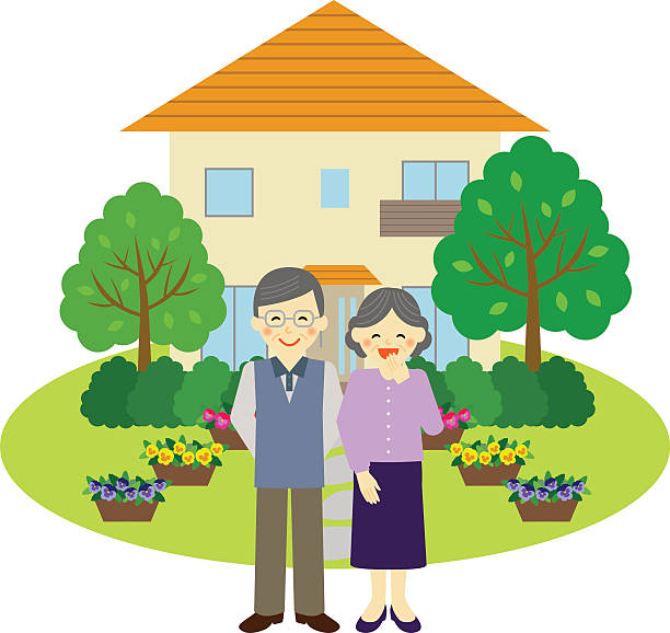 House and happy senior couple House and happy senior couple, isolated on white. cartoon of a wrinkled old lady stock illustrations