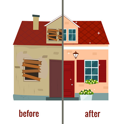 House before and after repair vector illustration.