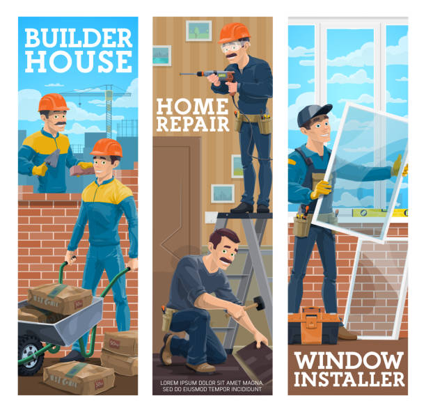 ilustrações de stock, clip art, desenhos animados e ícones de house builder, home repair handyman vector banner - plastic hammers