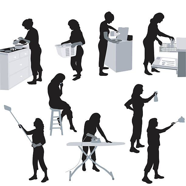 House Chores A vector silhouette illustration of multiple images of a woman performing household chores including laundry, cooking, loading the dishwasher, ironing, dusking, and cleaning. cooking silhouettes stock illustrations