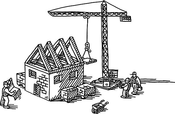 House Construction Site Drawing Hand-drawn vector drawing of a House Construction Site. An unfinished building, some workers and a crane. Black-and-White sketch on a transparent background (.eps-file). Included files are EPS (v10) and Hi-Res JPG. architecture clipart stock illustrations