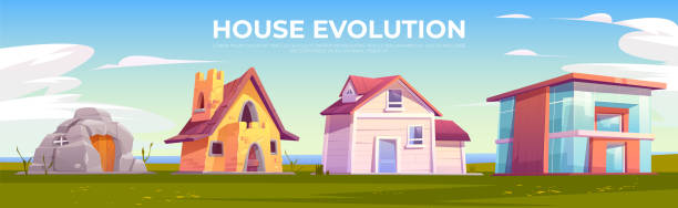 illustrazioni stock, clip art, cartoni animati e icone di tendenza di architettura dell'evoluzione della casa. linea del tempo delle abitazioni - case antiche
