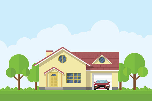 house facade picture of a privat living house with garage and car, flat style illustration garage backgrounds stock illustrations