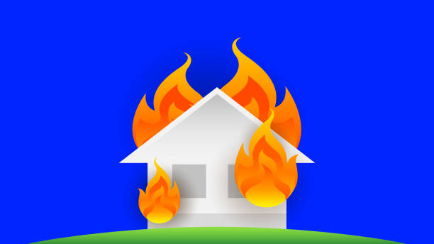 house fire burn, symbol fire home burn, flame accident, illustration icon danger of flame, house or building damage burn accident and insurance business concept isolated on blue background house fire burn, symbol fire home burn, flame accident, illustration icon danger of flame, house or building damage burn accident and insurance business concept isolated on blue background house fire stock illustrations