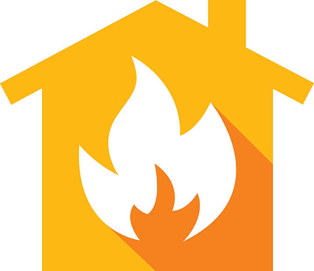 House Fire Icon Vector illustration of a white fire icon with shadow on a gold house silhouette background. house fire stock illustrations