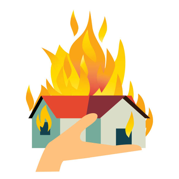 House Fire hand holding up a burning building house fire stock illustrations
