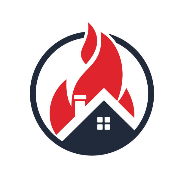 House fire vector logo design template. Preventing fire or fire alarm logo concept. Fire flames and house building vector icon design. house fire stock illustrations