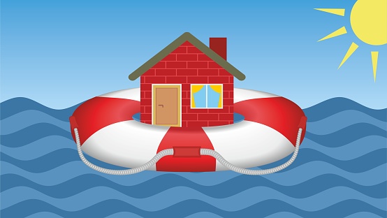 House floating safe on lifebuoy in wavy life. Sun always shine. Vector illustration.