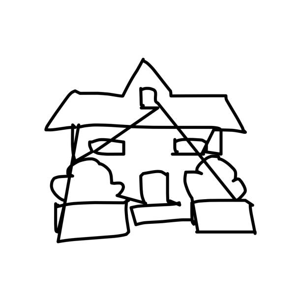 haus-ikone der rauen linie kunst, eine linie, schwarz 33 - dachfenster stadt stock-grafiken, -clipart, -cartoons und -symbole