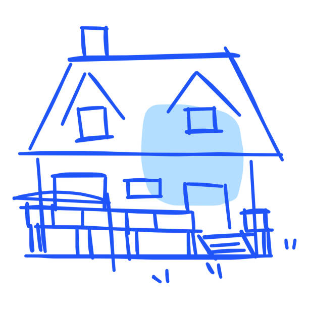 haus-ikone der rauen linie kunst, punkt, blau 11 - dachfenster stadt stock-grafiken, -clipart, -cartoons und -symbole