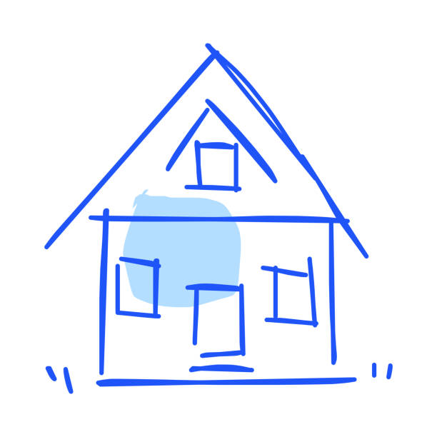 haus-ikone der rauen linie kunst, punkt, blau 12 - dachfenster stadt stock-grafiken, -clipart, -cartoons und -symbole