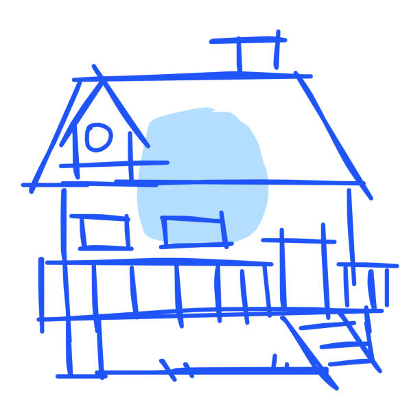haus-ikone der rauen linie kunst, punkt, blau 18 - dachfenster stadt stock-grafiken, -clipart, -cartoons und -symbole