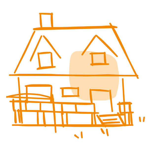 haus-ikone der rauen linie kunst, punkt, orange 11 - dachfenster stadt stock-grafiken, -clipart, -cartoons und -symbole