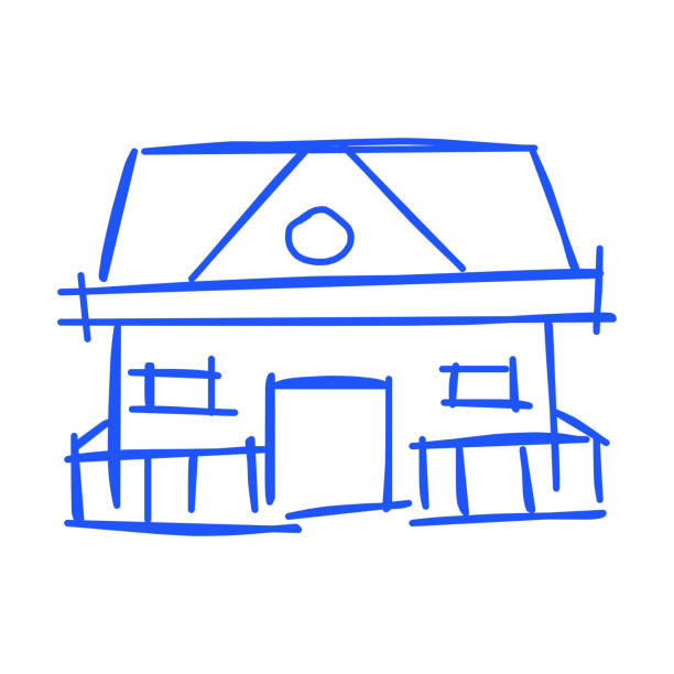 haus-ikone der rauen linie kunst, einfach, blau 28 - dachfenster stadt stock-grafiken, -clipart, -cartoons und -symbole