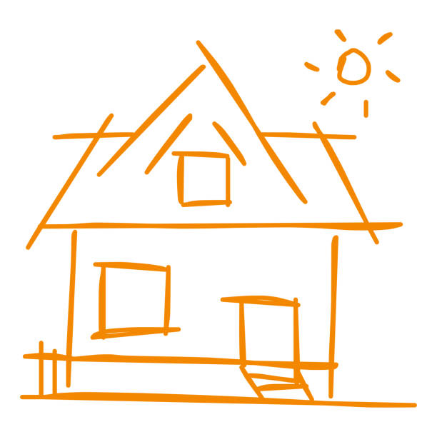haus-ikone der rauen linie kunst, sonne, orange 14 - dachfenster stadt stock-grafiken, -clipart, -cartoons und -symbole