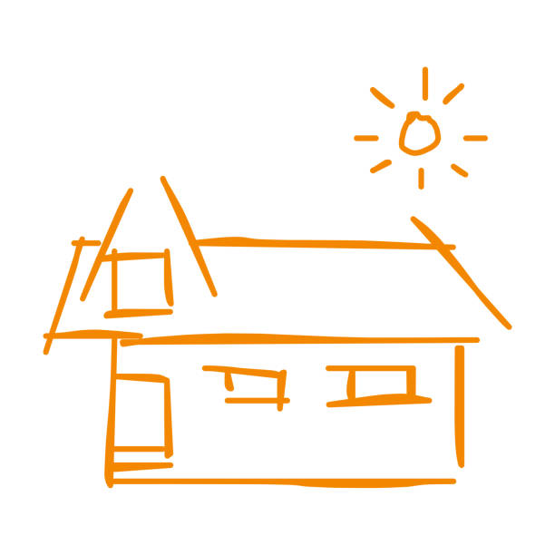 haus-ikone der rauen linie kunst, sonne, orange 28 - dachfenster stadt stock-grafiken, -clipart, -cartoons und -symbole