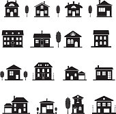 Set cottage icons. Black isolated house silhouette. Vector illustration