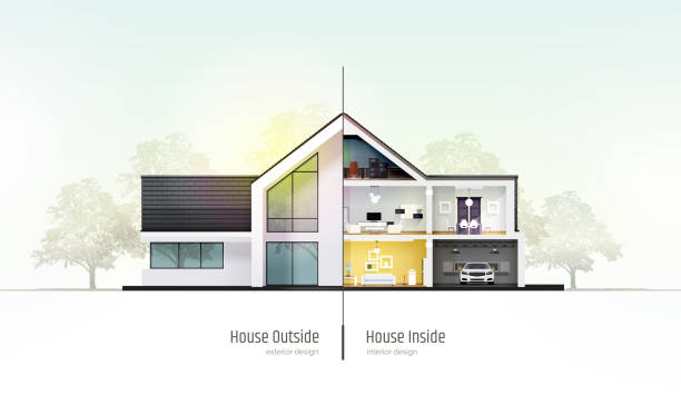 ilustrações de stock, clip art, desenhos animados e ícones de house in cross-section. modern house, villa, cottage, townhouse with shadows. architectural visualization of a three storey cottage inside and outside. realistic vector illustration. - interior