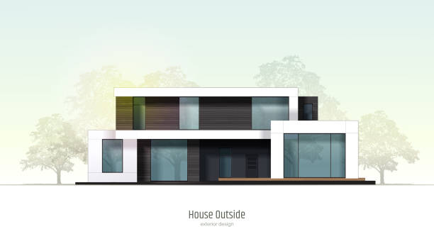 House in cross-section. Modern loft style house, villa, cottage, townhouse with shadows. Architectural visualization of a three storey cottage inside and outside. Realistic vector illustration. House in cross-section. Modern loft style house, villa, cottage, townhouse with shadows. Architectural visualization of a three storey cottage inside and outside. Realistic vector illustration modern house stock illustrations