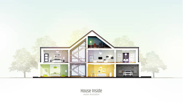 House in cut. Three-storey cottage inside with rooms, garage and modern interior with furniture. Modern house isolated on white background. Architectural visualization. Realistic vector illustration. House in cut. Three-storey cottage inside with rooms, garage and modern interior with furniture. Modern house isolated on white background. Architectural visualization. Realistic vector illustration cross section illustrations stock illustrations