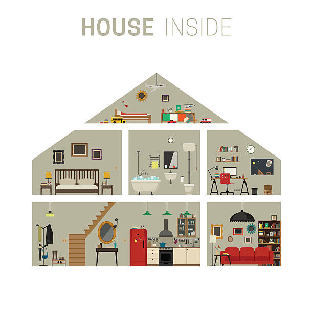House inside interior. House in cut infographics with furniture. Vector flat house with set of basic rooms. cross section illustrations stock illustrations