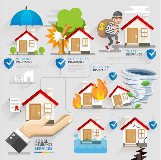 House insurance business service icons template. House insurance business service icons template. Can be used for workflow layout, banner, diagram, number options, web design, timeline, infographics. flood illustrations stock illustrations
