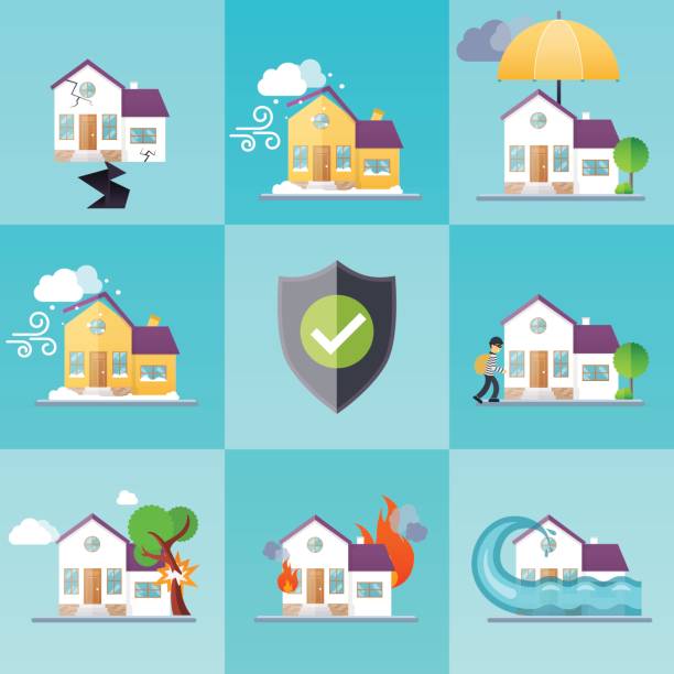 House insurance business service icons template. House insurance business service icons template. Property insurance. Big set house insurance. Vector illustration concept of insurance. house fire stock illustrations