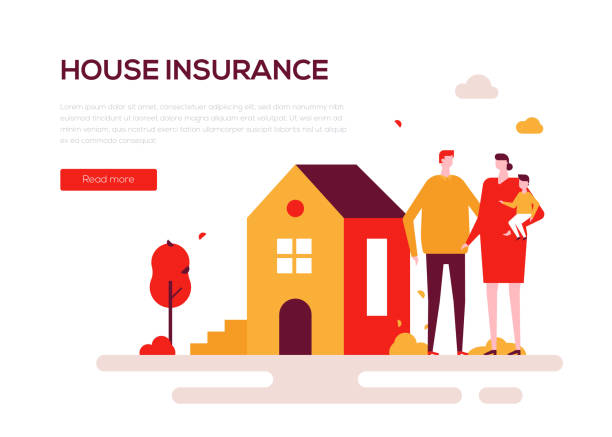 House insurance - colorful flat design style web banner House insurance - colorful flat design style web banner on white background with copy space for text. A composition with a family, parents with a baby standing at the building. Protection of property house fire stock illustrations