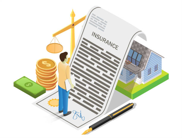House insurance concept vector flat isometric illustration House insurance, vector illustration. Isometric insurant, money, scales of justice and residential house under reliable protection of insurance policy. Home insurance concept for banner, website page. home insurance stock illustrations