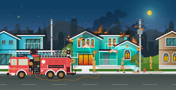 House on fire Firefighters are spraying water to put out fires at home. house fire stock illustrations