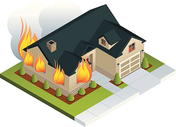 House on Fire An isometric illustration of a house on fire. All colors are global. house fire stock illustrations