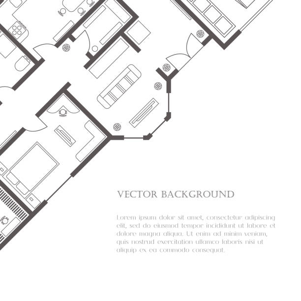 House plan abstract background House plan background for card, banner, presentation template, real estate, social advertising, notebook cover, poster or postcard. Building with furniture. Vector illustration. bed furniture borders stock illustrations