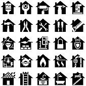 Single colour black silhouette house symbols with various tools and renovation symbols inside, isolated.