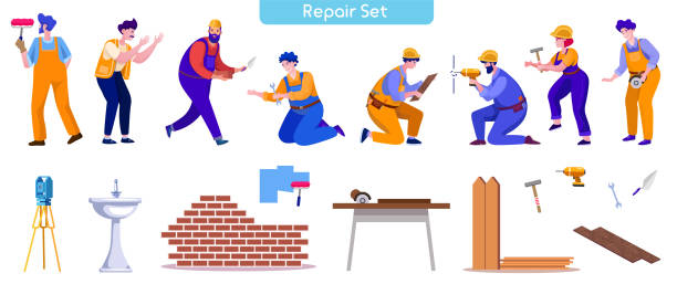 House repair and renovation flat vector illustrations set vector art illustration