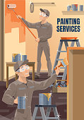 Wall painting service workers decorating room. Painters in uniform and safety goggles, using rolling and hand brush to paint wall vector. House construction or apartment renovation service workman