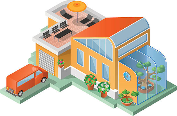 House House with terrace, winter garden and a van. Isometric view. Vector illustration. greenhouse table stock illustrations