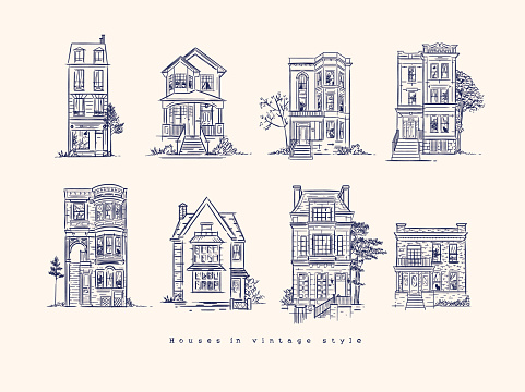 Set of houses drawing in old fashioned vintage style with dark blue color